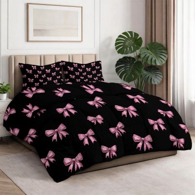 Duvet 155 x 220 cm, 4-Season Duvet Without Cover, Soft Black All-Season Duvet with Pink Bow Design, Washable Quilted Blanket with 2 Pillowcases 80 x 80 cm