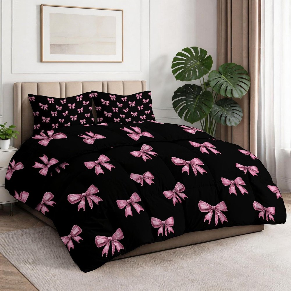Duvet 155 x 220 cm, 4-Season Duvet Without Cover, Soft Black All-Season Duvet with Pink Bow Design, Washable Quilted Blanket with 2 Pillowcases 80 x 80 cm