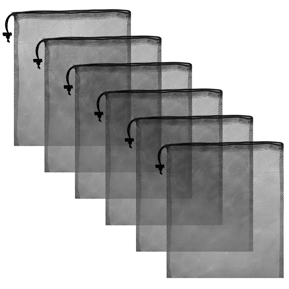 6-Pack Drawstring Mesh Bags, Black Nylon