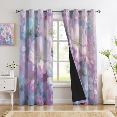 GUCSMN Blackout Curtains for Living Room, 137 x 117 cm Each, 2-Pack, Dreamy Floral Pattern, Thermal Grommet Curtains, Pink and Purple