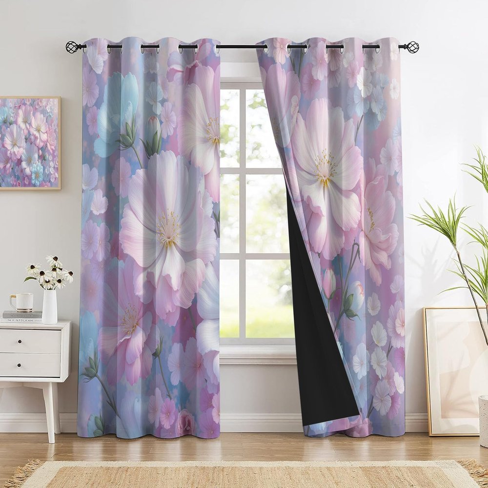 GUCSMN Blackout Curtains for Living Room, 137 x 117 cm Each, 2-Pack, Dreamy Floral Pattern, Thermal Grommet Curtains, Pink and Purple