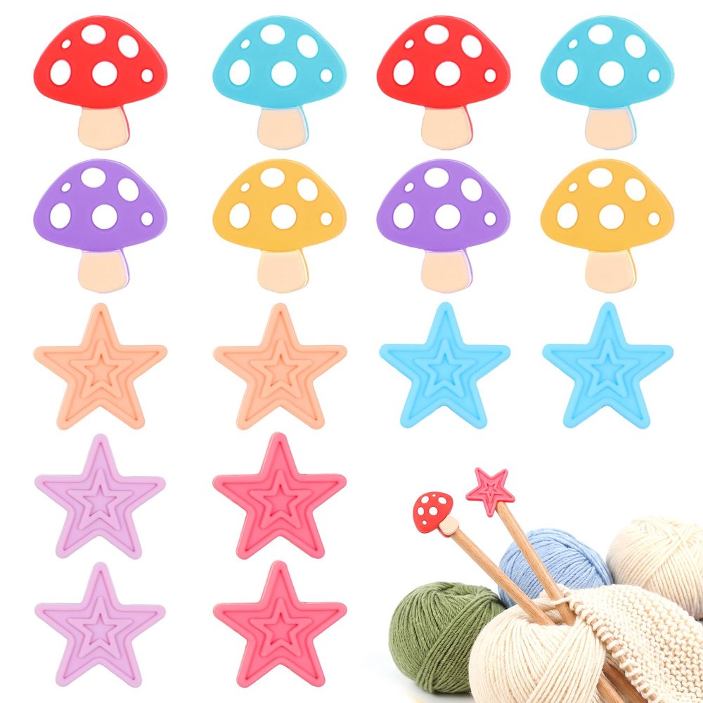 16-Piece Star and Mushroom Shaped Stitch Stoppers for Knitting Needles