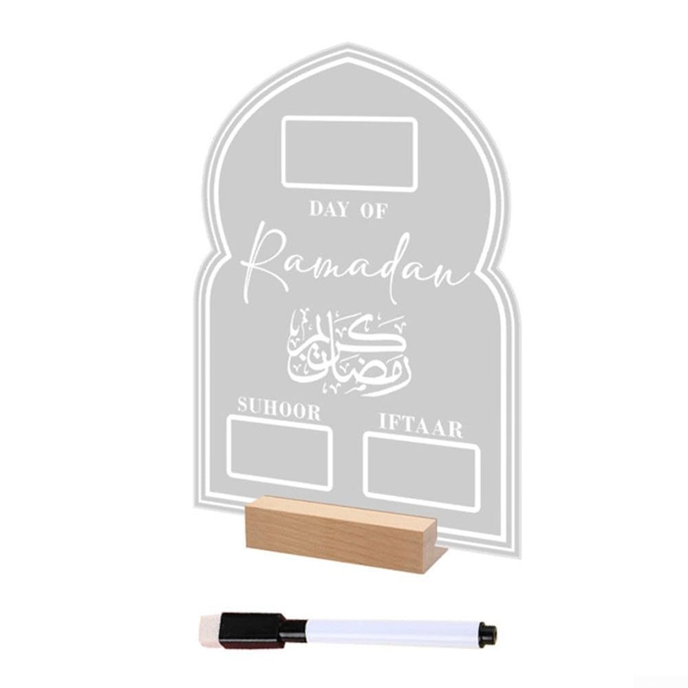 Ramadan Countdown Board with Acrylic Plate and Natural Wood Base for Eid al-Fitr Table Presentation