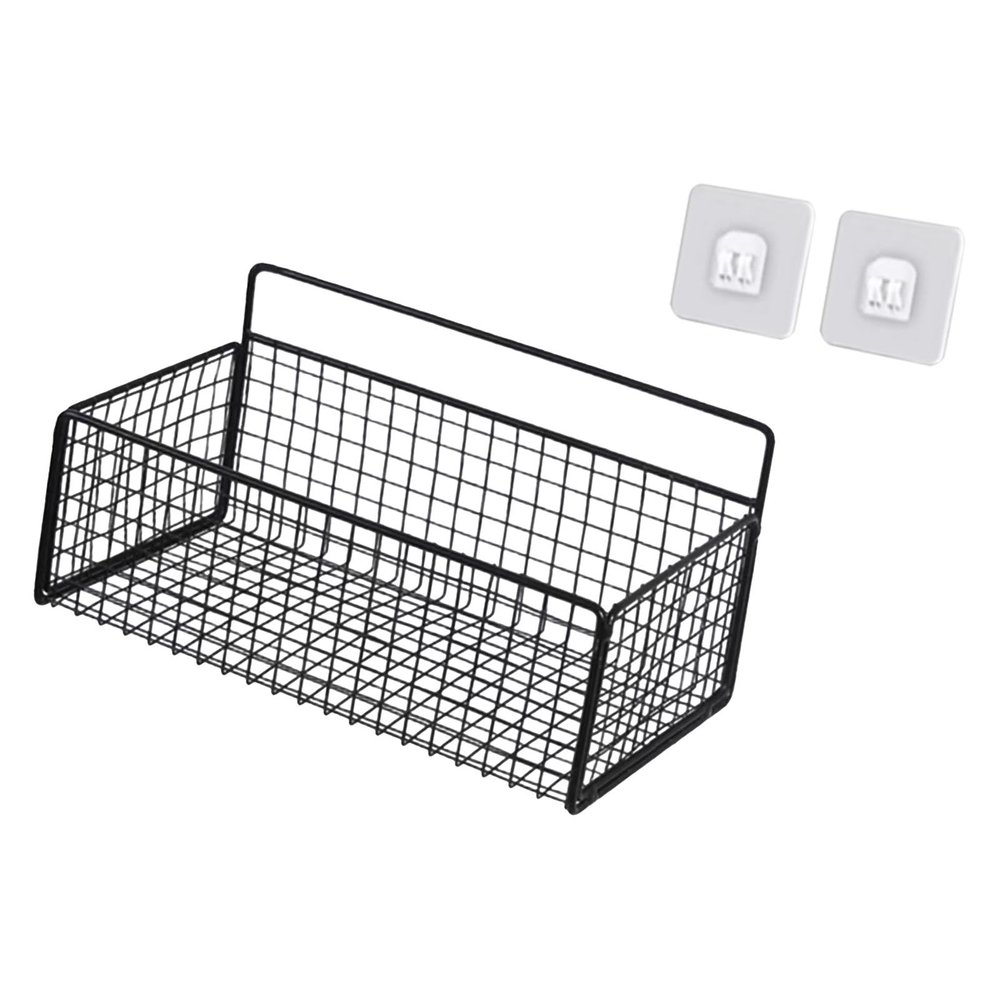 Pitycbo Hanging Wall Storage Basket, Steel Wire Organizer for Kitchen and Bathroom, Size M, Black with Sticker