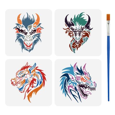 FINGERINSPIRE 4-Piece Dragon Head Stencil Set with Brush 15x15cm