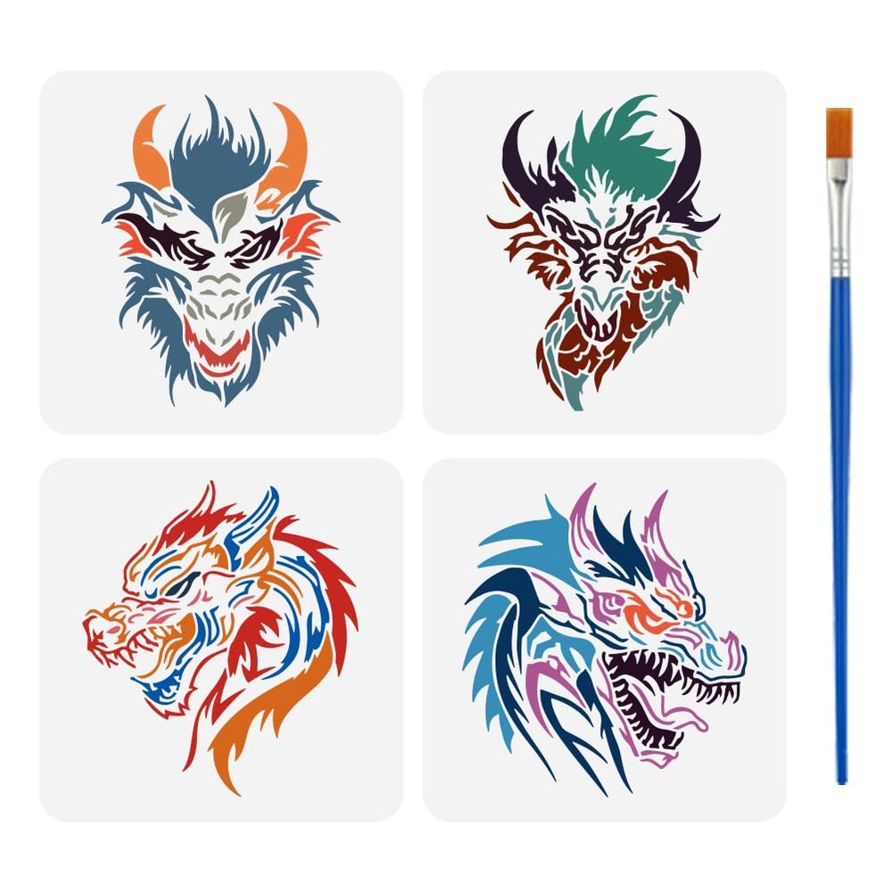 FINGERINSPIRE 4-Piece Dragon Head Stencil Set with Brush 15x15cm