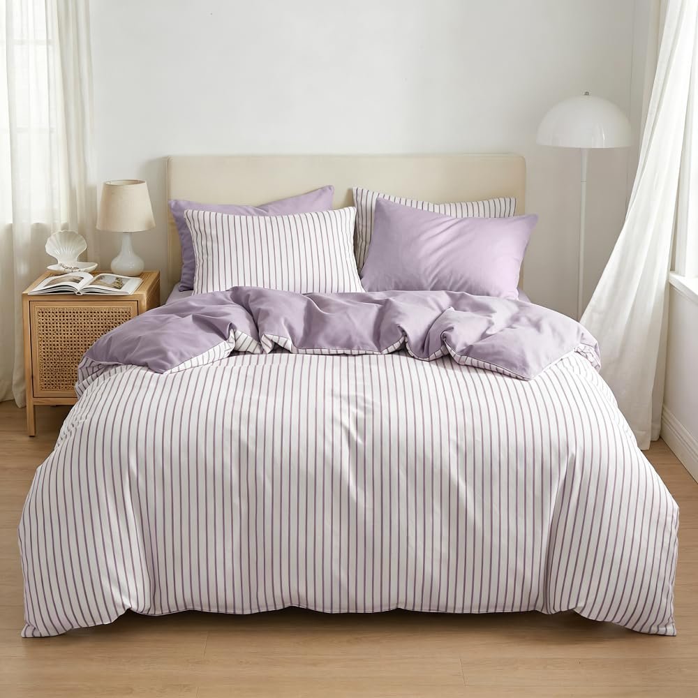 Covebett 4-Piece Duvet Cover Set, 135 x 200 cm, Purple Striped