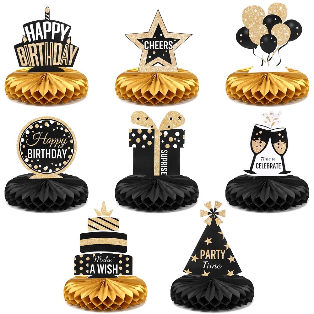 GEEHUA 8-Piece Birthday Table Decor Black Gold