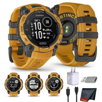 Garmin Instinct 3 45 mm Solar Rugged Outdoor GPS Smartwatch with Integrated Flashlight, Alpine Rush Collection, Limited Edition, Sunburst with Sunburst/Gray Band Bundle