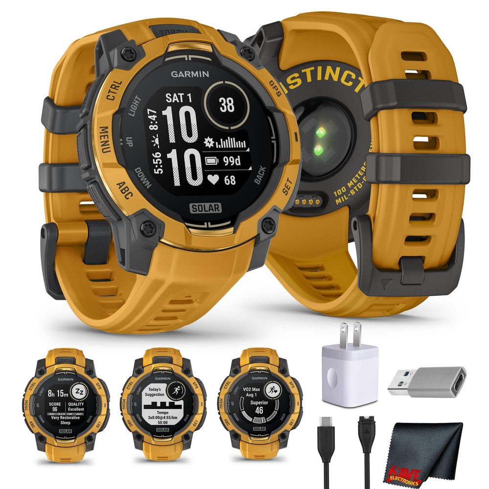 Garmin Instinct 3 45 mm Solar Rugged Outdoor GPS Smartwatch with Integrated Flashlight, Alpine Rush Collection, Limited Edition, Sunburst with Sunburst/Gray Band Bundle