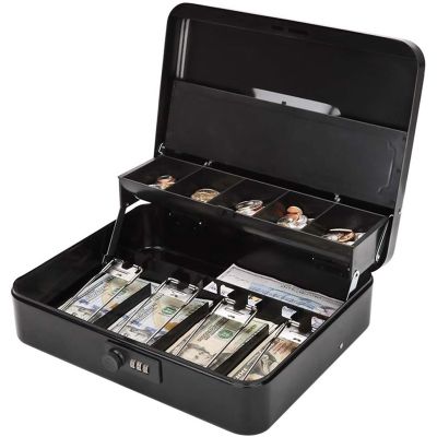 Large Metal Cash Box with Lock, Cash Organizer (Black)