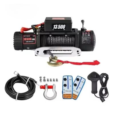 13,500 Electric Winch, 12V, 27 m/92 ft Synthetic Rope for 4x4, Cars, ATVs and Trucks