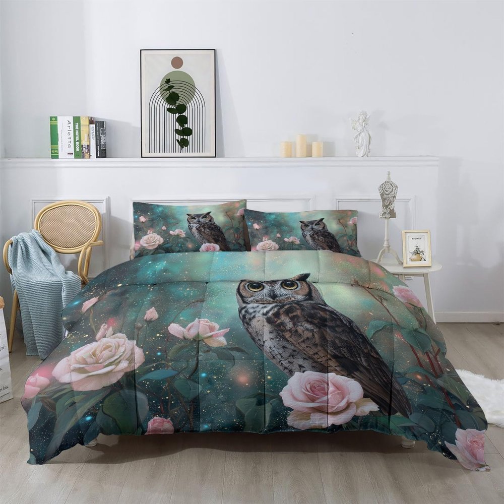 Green Owl, Flower & Leaf Pattern 4-Season Duvet Set, 155 x 220 cm, with 2 Pillowcases