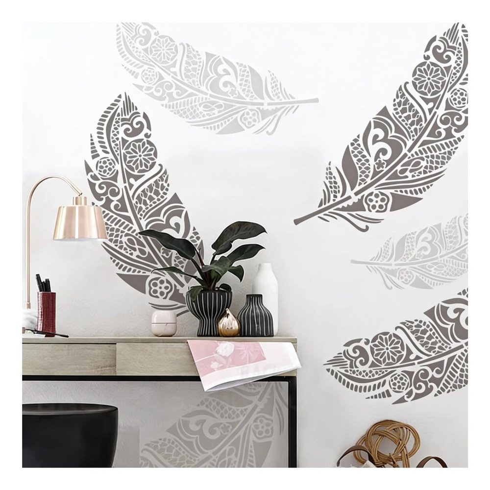 Large Mandala Feather Stencil for Wall, Wood, DIY Painting, 70 x 26 cm