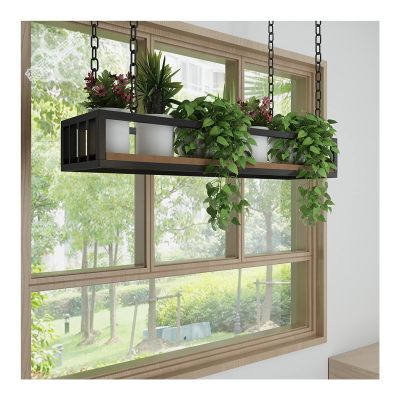 Ceiling-Mounted Plant Hanger with Wooden Shelf, Space-Saving Storage for Indoor and Outdoor Décor