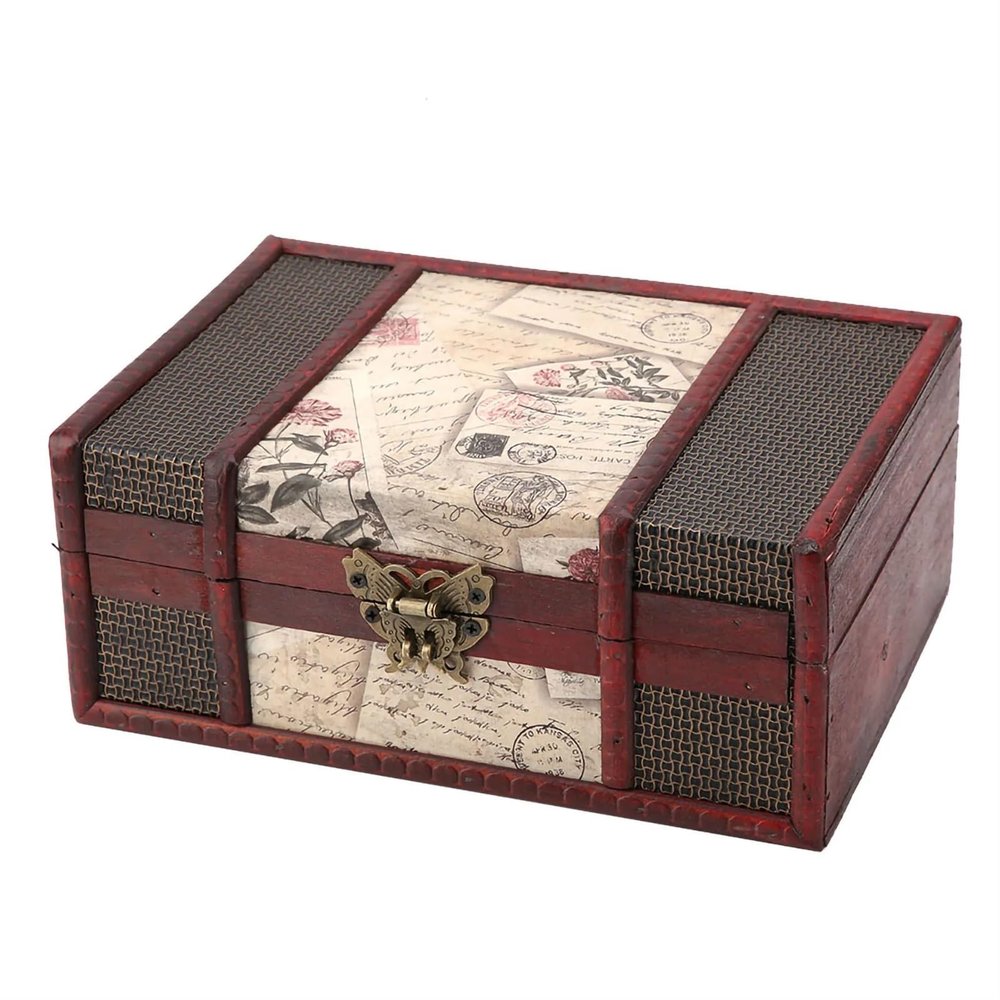 DQZRTUECA Wooden Treasure Chest with Lock, Storage Box, Organizer, Retro Style, 23 x 16 x 9.8 cm