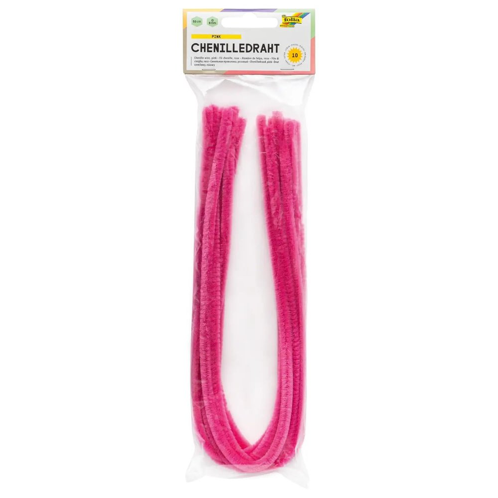 Chenille Wire, Pipe Cleaners, Bendable Plush, 10 Pieces, 8 mm Thickness (Pink)