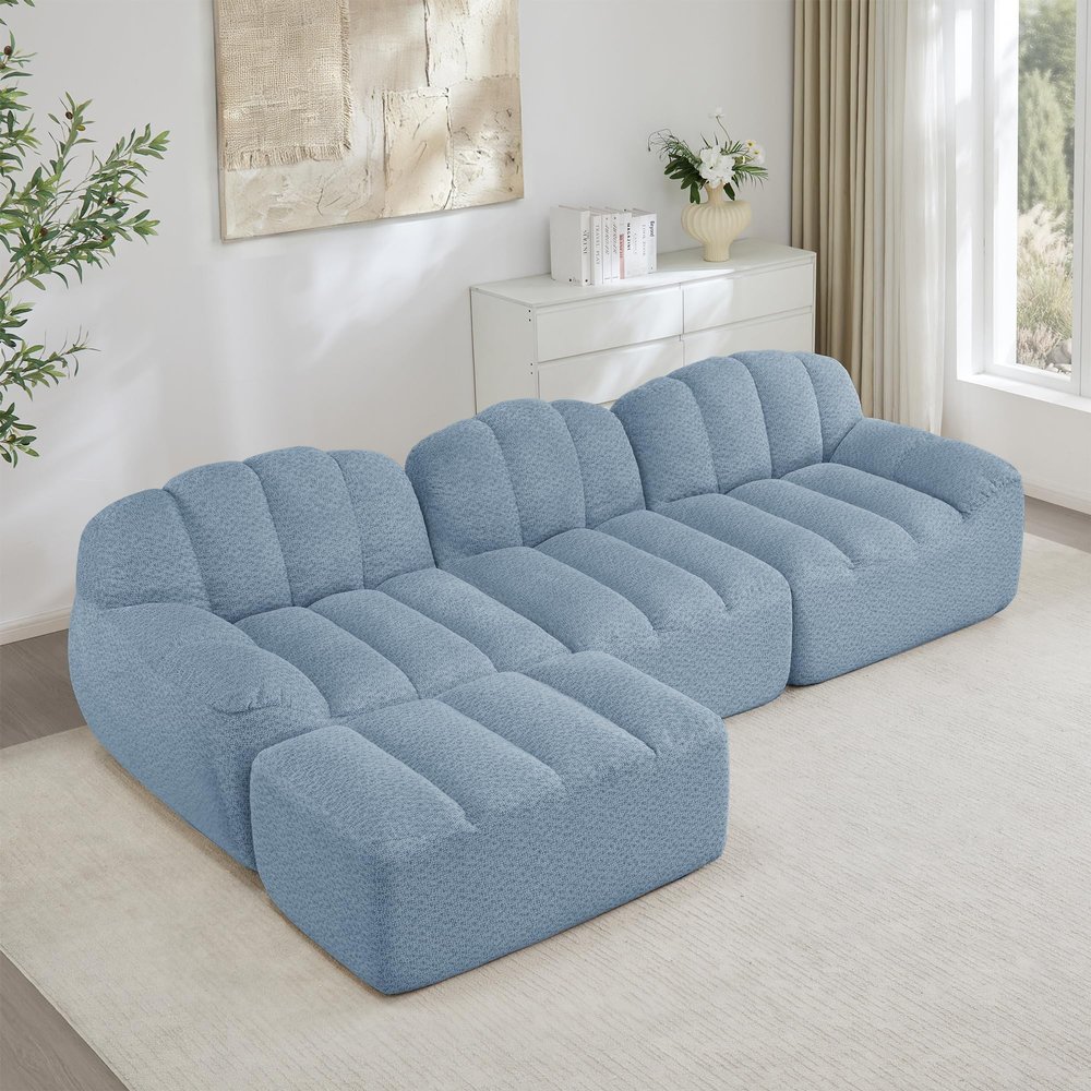 Rvjiahe 3-Seater L-Shaped Modular Sofa with Ottoman, 32D High-Density Foam, Deep Seat, Soft Corduroy, Blue