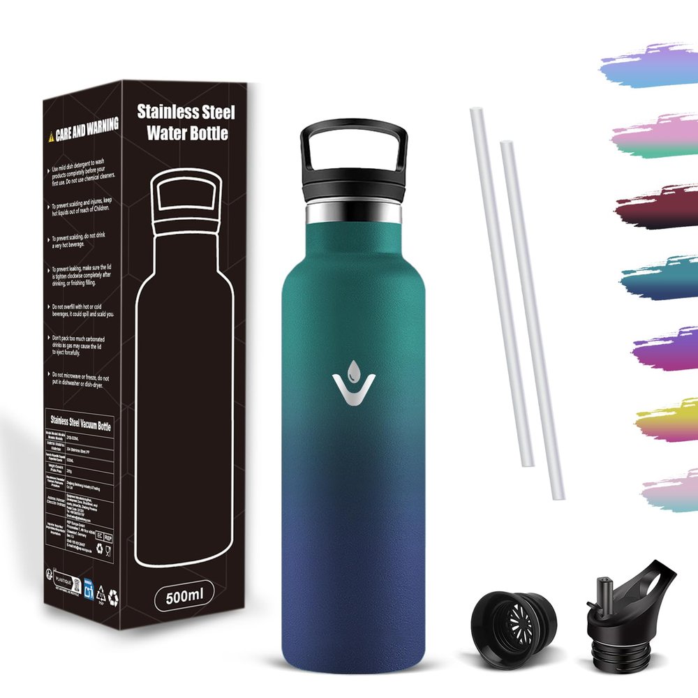 Mujigaga Stainless Steel Water Bottle, Leakproof 500 ml Insulated Bottle with Straw, BPA-Free, Carbonated Drink Compatible