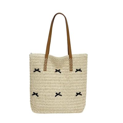 GETBSTOOP Large Straw Beach Tote with Bow Print, Lightweight Woven Handbag for Women, White