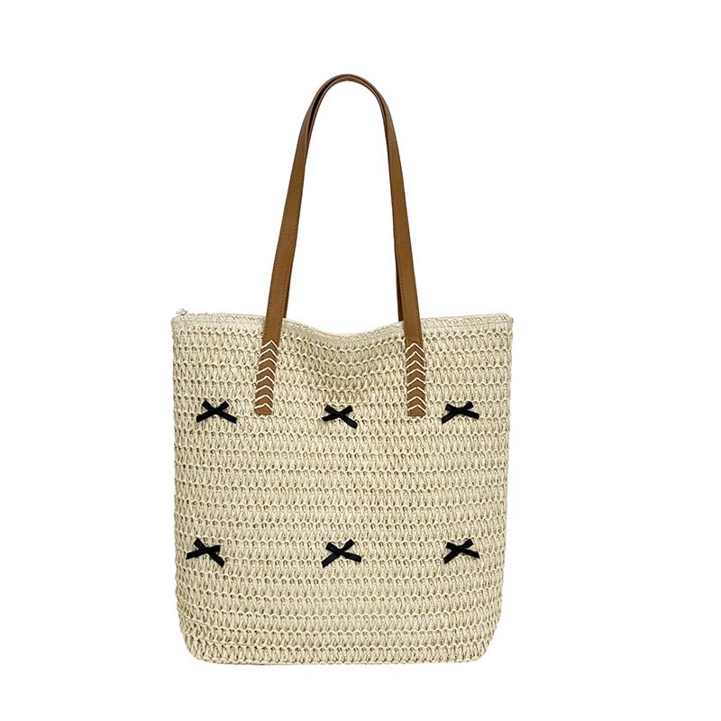 GETBSTOOP Large Straw Beach Tote with Bow Print, Lightweight Woven Handbag for Women, White