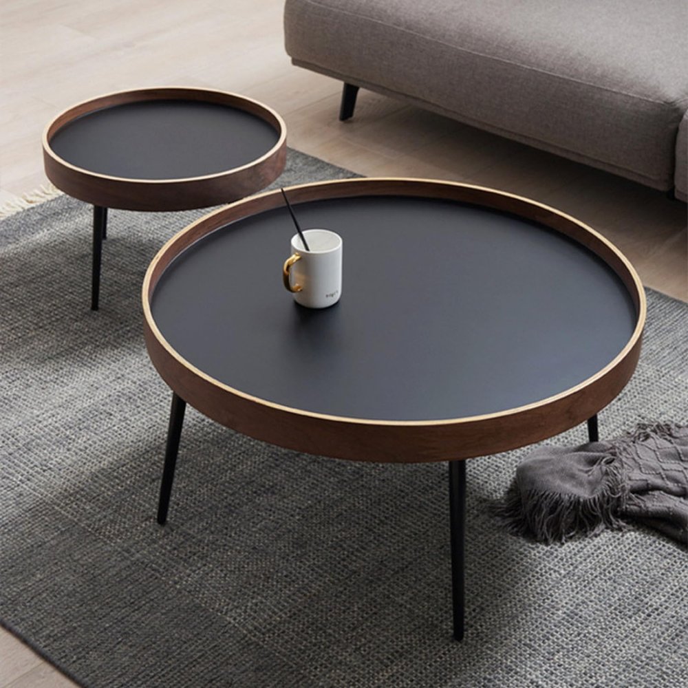 Nesting Round Coffee Table Set with Wood and Metal Legs, Mid-Century Style