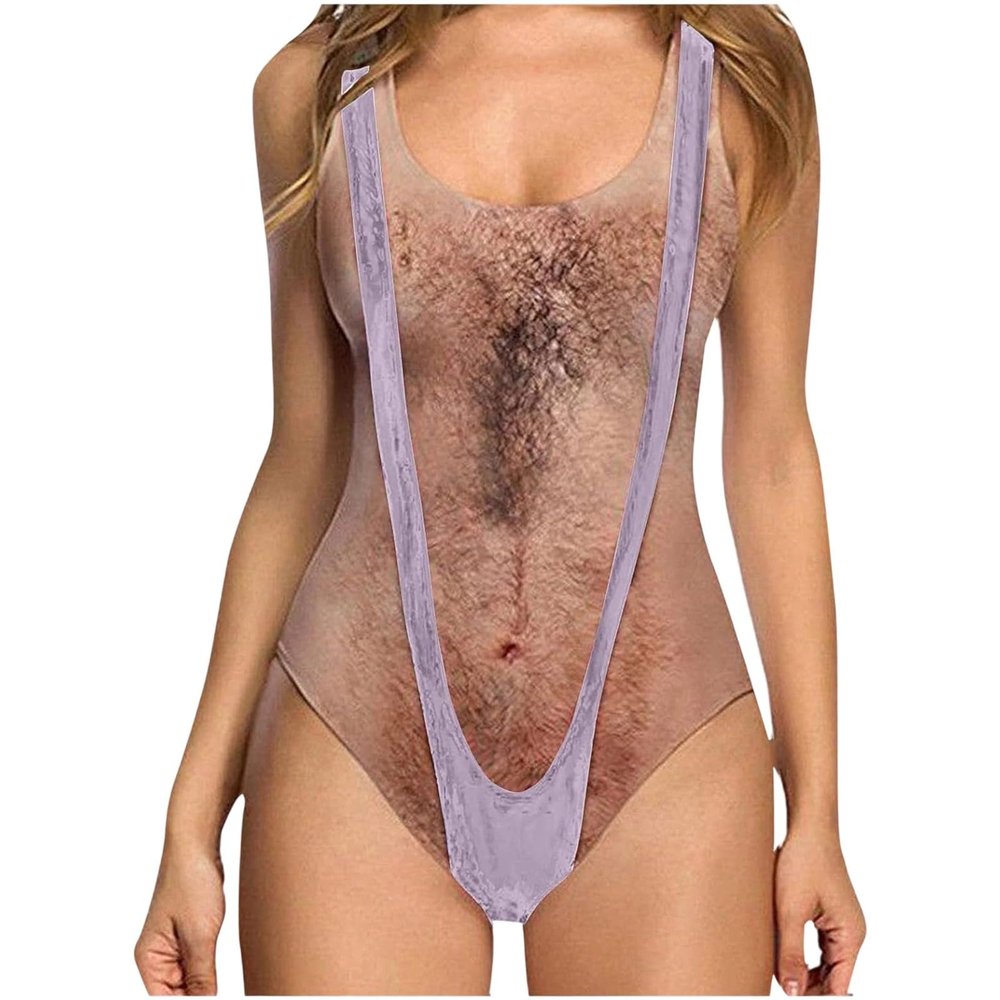 Caxndycing Women's Tummy-Control Funny Swimsuit with 3D Chest Hair Print, Muscle-Print Monokini, Quick-Drying Borat Swimwear