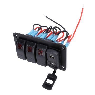 Fawfose 3-Gang Rocker Switch Panel with Aluminum Panel, 4.8A Dual USB Charger and Voltmeter, Prewired for Boats, Cars, Trucks, RVs and Motorcycles (Red Light)