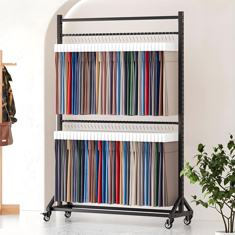 COAKUE Mobile Heavy-Duty Steel Scarf Holder, Rolling Fabric Swatch Rack, 123 × 45 × 205 cm, 2 Rods