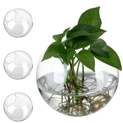 ROMISBABA 4-Piece Wall-Mounted Glass Vases, Round Terrarium Planters with Glossy Surface, Space-Saving Design for Living Room and Home