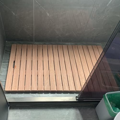 Non-Slip Teak Wood Bath Mat for Bathroom Floors, Commercial Quality, Waterproof, 53.3 x 73.7 cm, Square
