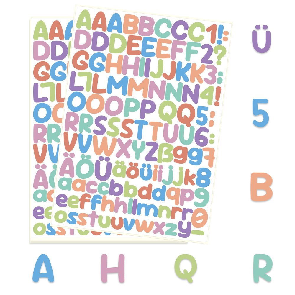 Ausgewählt verpackt Letter Sticker Set 1 – Self-Adhesive Letters & Numbers, 8 A4 Sheets