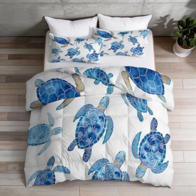 Watercolor Sea Turtle 4-Season Duvet Set, 220 x 240 cm, White/Blue, Reversible and Washable