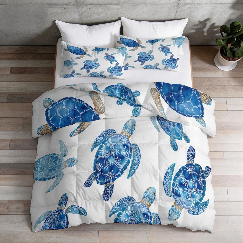 Watercolor Sea Turtle 4-Season Duvet Set, 220 x 240 cm, White/Blue, Reversible and Washable