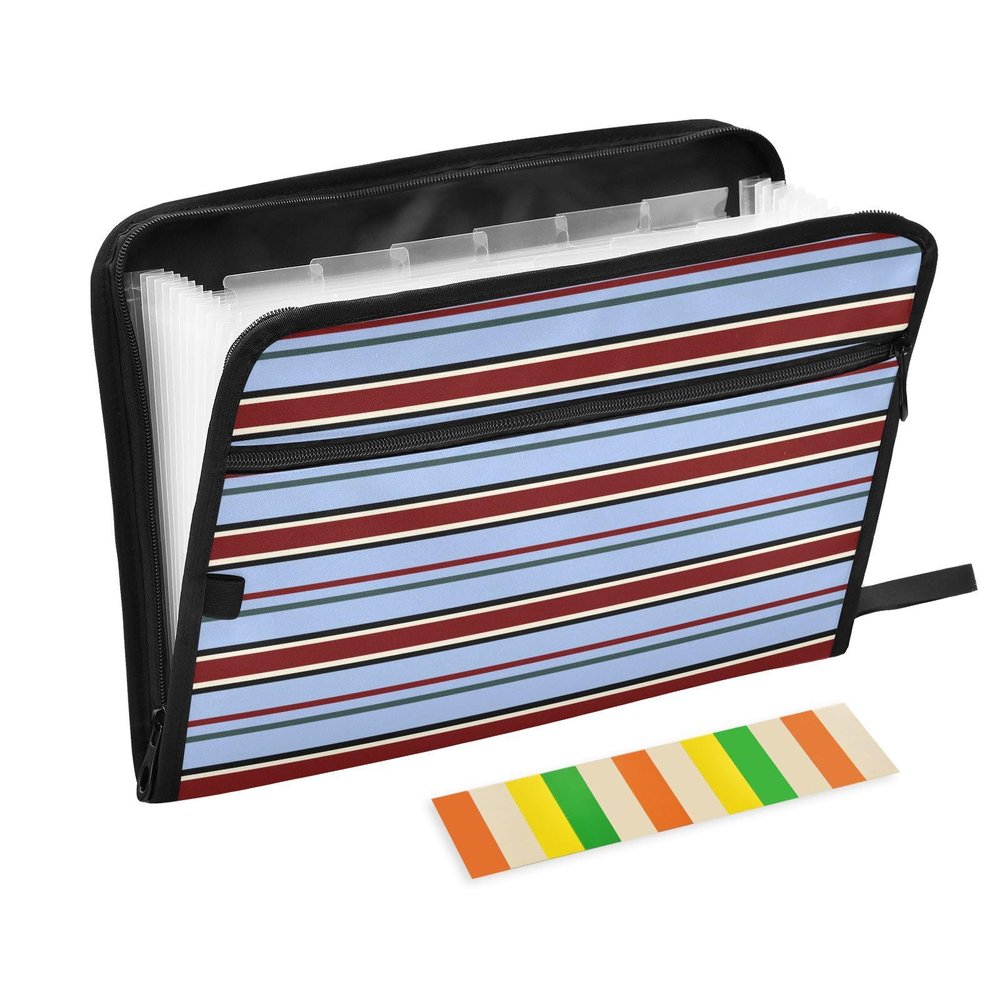 LI ZHI XIN A4 Document Organizer with 13 Pockets, Waterproof Accordion File Folder with Side Zipper, Red and Blue Striped