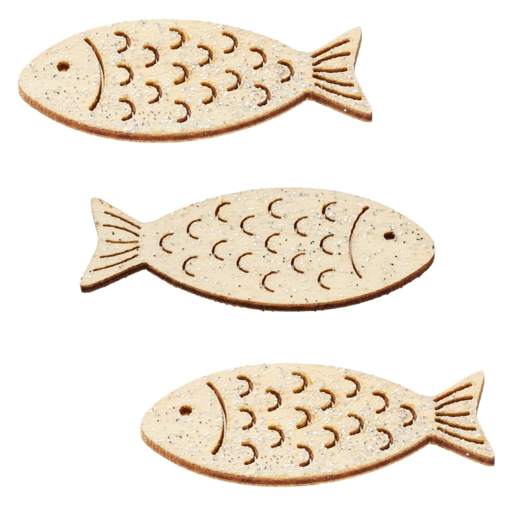 Wooden Fish with Glitter, 40 mm, 6 pcs, Table Decoration