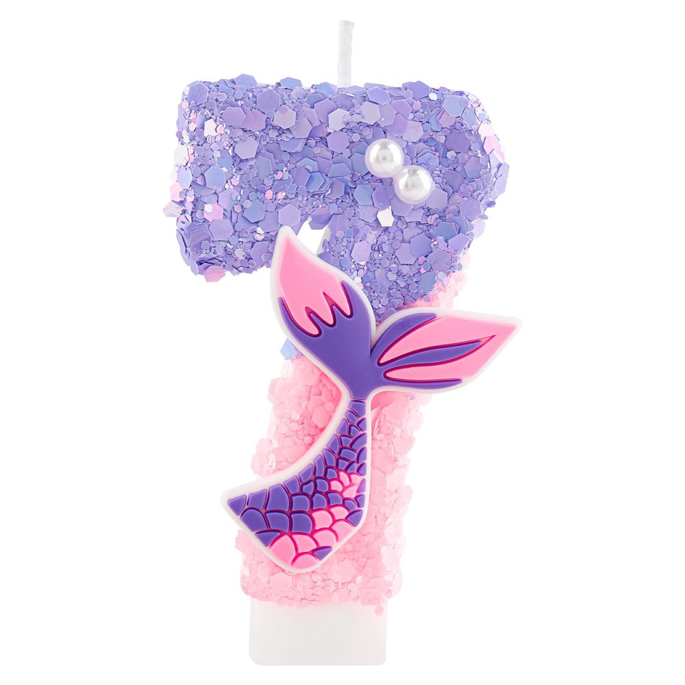 Glittering Birthday Candle Number 7 with Mermaid Tail Design