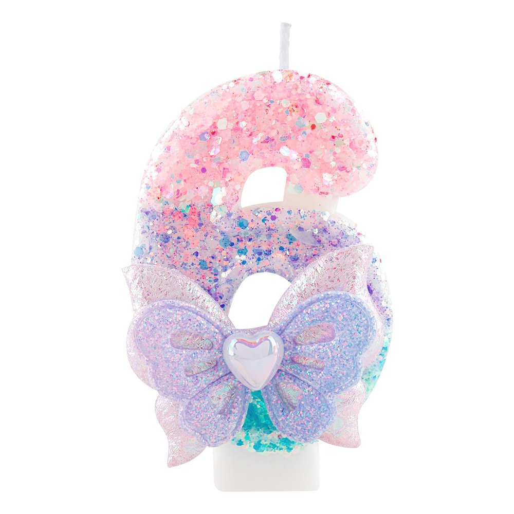 Glittery 3.5inch Birthday Candle Number 6, Pink Purple with Butterfly