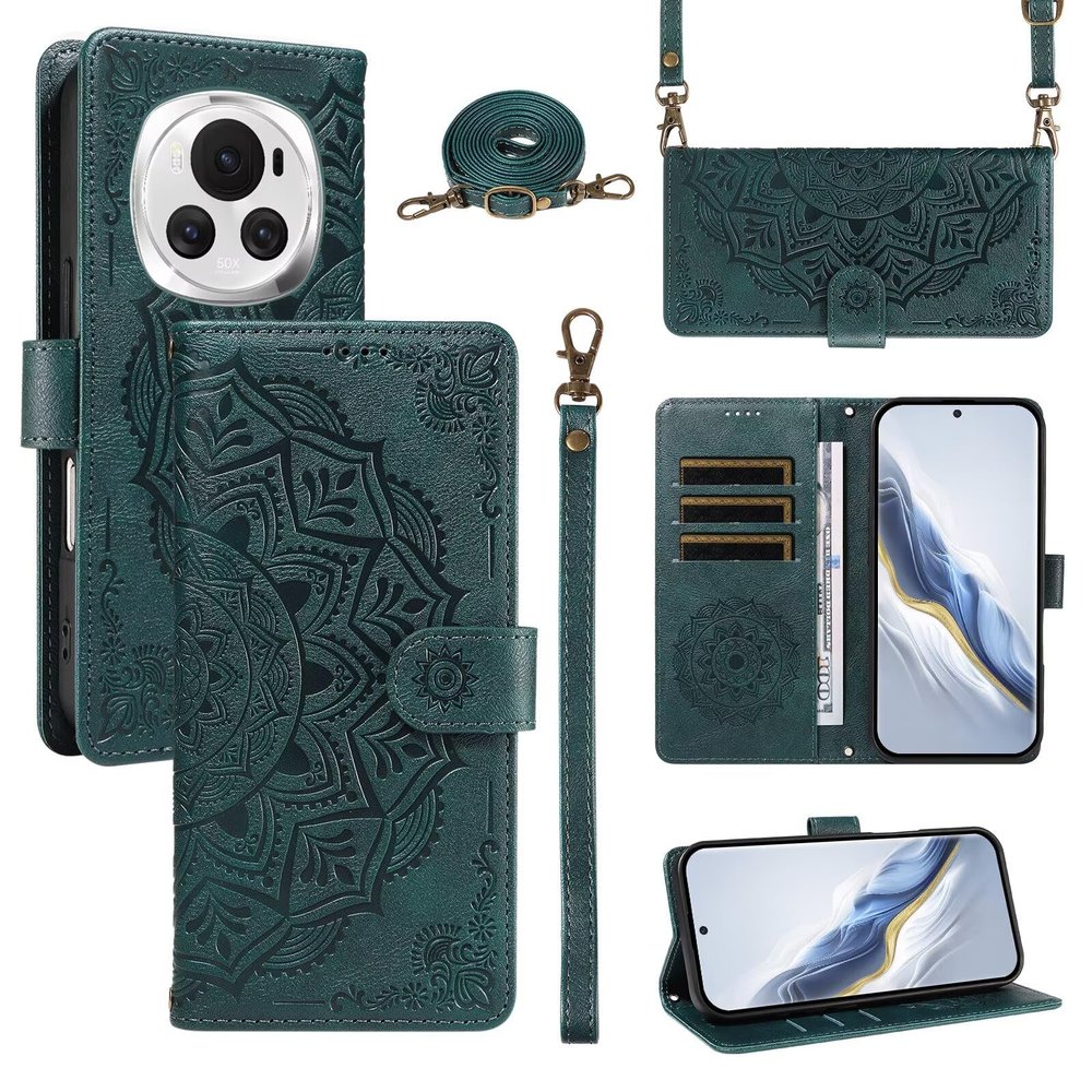 xinyunew Wallet Case with Strap for Honor Magic 6 Pro 5G, Premium Leather Flip Case, Green