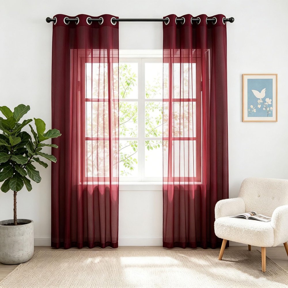 HOKXUAN Sheer Voile Curtains 115 x 220 cm, Modern, Durable, Light-Filtering, Easy-Care, 2-Piece Set, Red