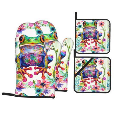 Printed Thick Insulated Oven Mitts, Frog Design, 4-Piece Set