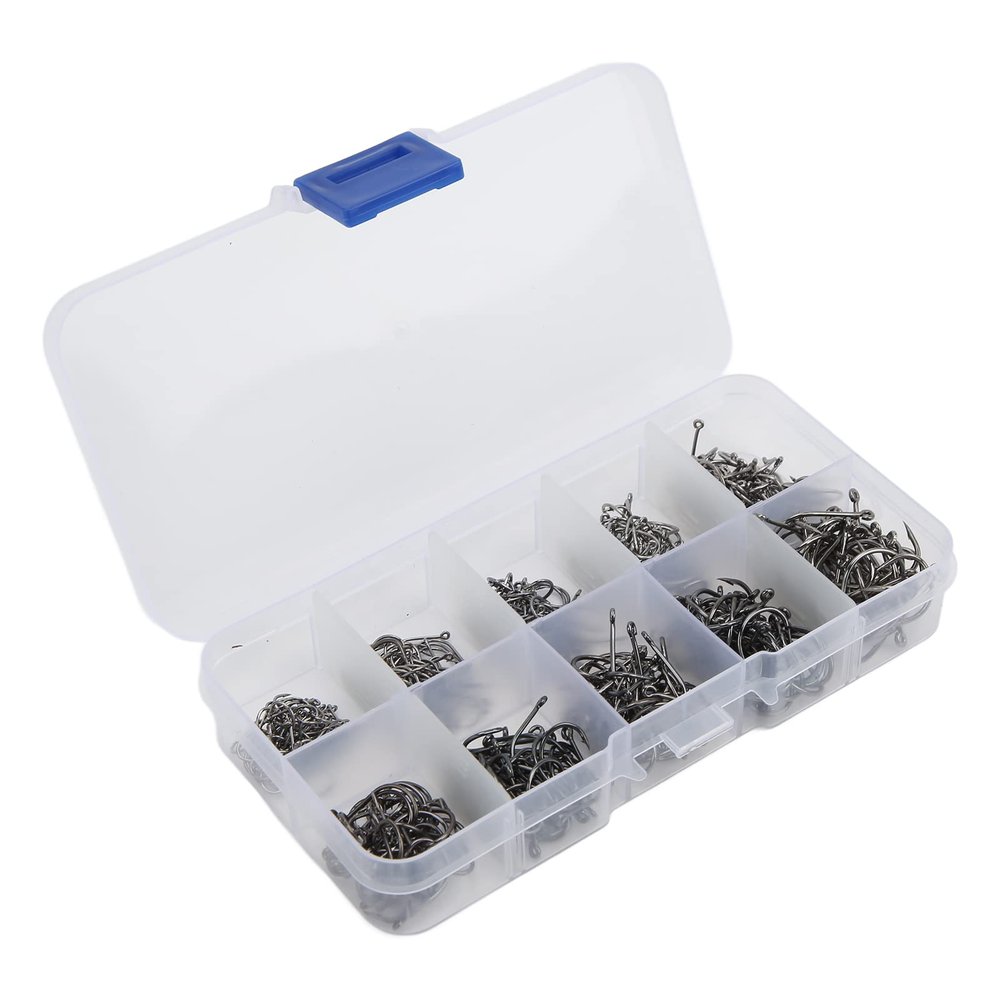 TIKATARER 500 Carbon Steel Fishing Hooks with Barbed Design, 10 Sizes, Plastic Box, Black