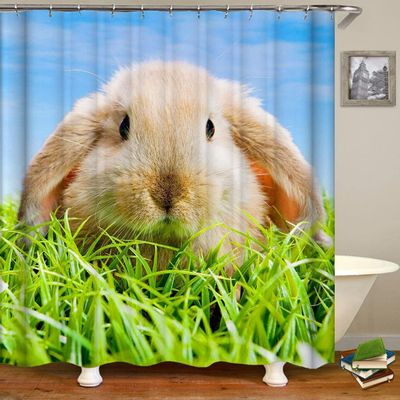 PUOJIEAT Rabbit Shower Curtain 100 x 200 cm, 3D Waterproof, Washable, with 8 Rings