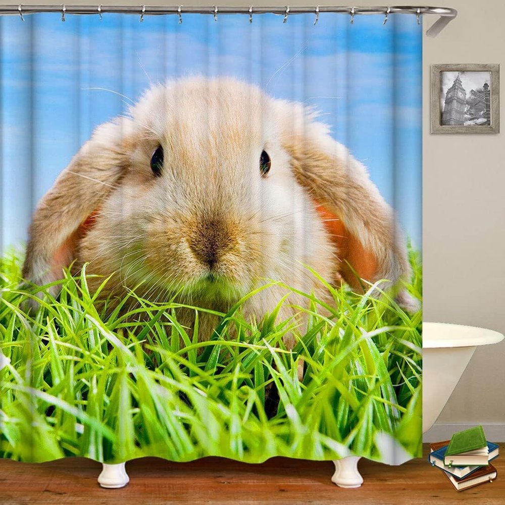 PUOJIEAT Rabbit Shower Curtain 100 x 200 cm, 3D Waterproof, Washable, with 8 Rings