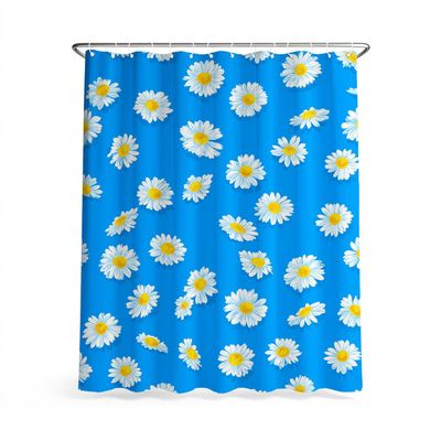 Generic Cartoon Minimalist S-Flower Shower Curtain, Blue and White, Washable, with Hooks, 180 H x 150 W cm