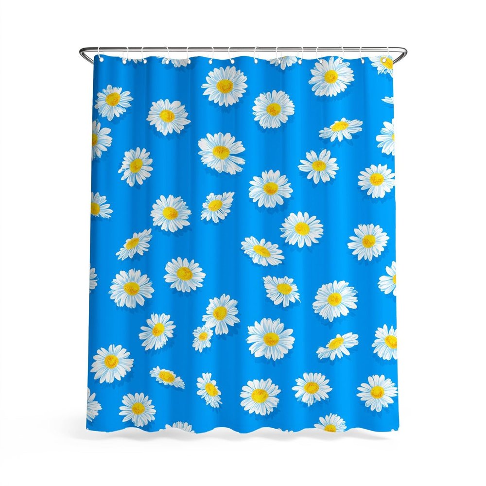 Generic Cartoon Minimalist S-Flower Shower Curtain, Blue and White, Washable, with Hooks, 180 H x 150 W cm
