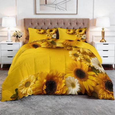Yellow Gerbera Daisy Pattern Coverless 4-Season Duvet, 155 x 220 cm with 2 Pillowcases