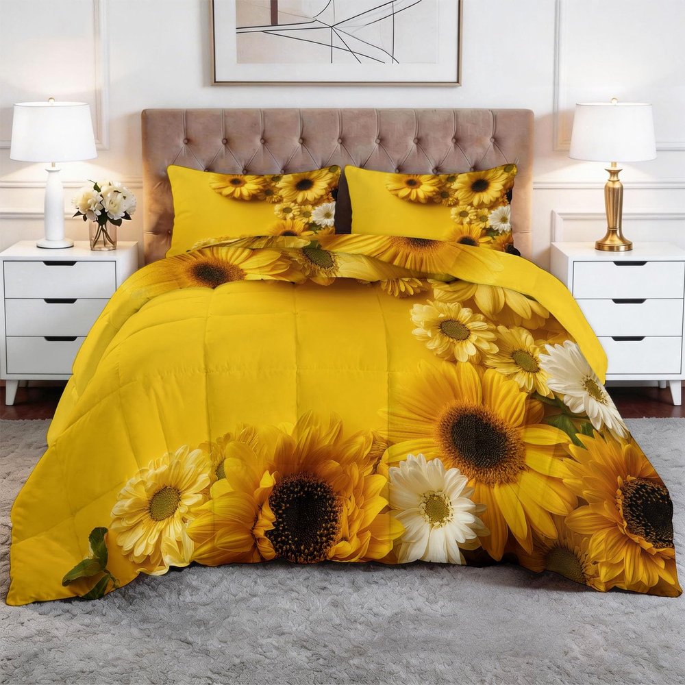 Yellow Gerbera Daisy Pattern Coverless 4-Season Duvet, 155 x 220 cm with 2 Pillowcases