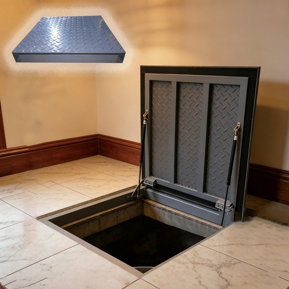 Floor-Level Concealed Basement Hatch, 90° Opening, Seamless Design, Suction Cup Opener, Heavy-Duty (W31 x L34 in / 78.7 x 86.4 cm)