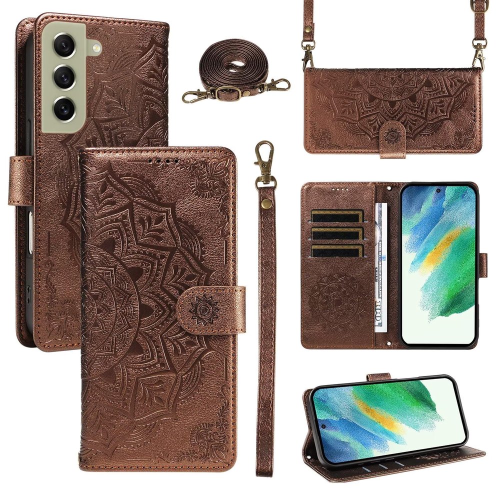 xinyunew Crossbody Phone Case for Samsung Galaxy S21 Plus, Folding PU Leather Wallet Case with Zipper, Stand, Embossed Flowers, Brown